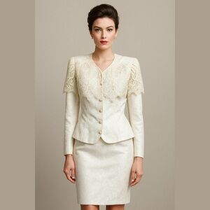 VTG In The Mood 2 Pc Skirt Set Ivory Embellished Womens Size 10 Old Money Classy